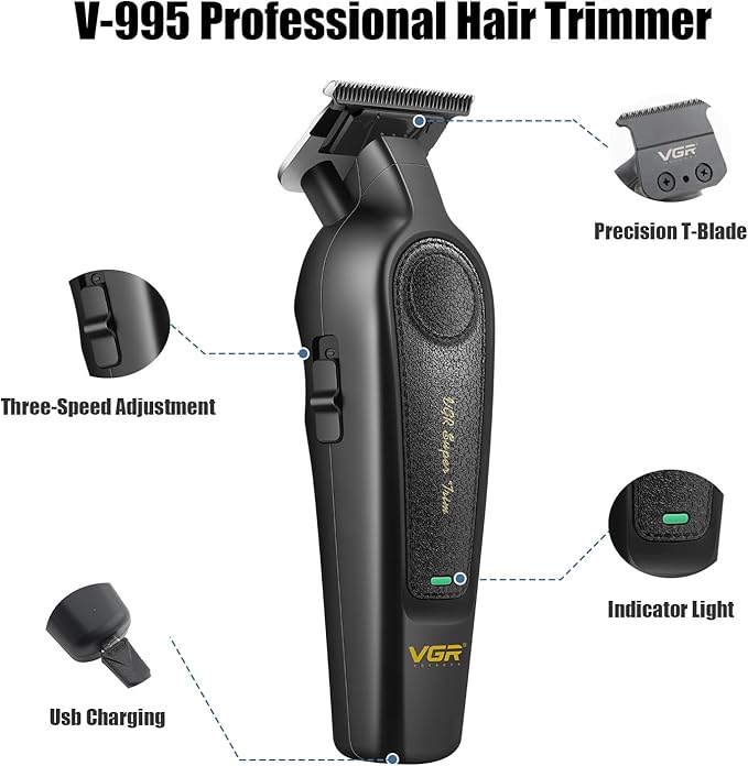 VGR 995 Professional Hair Trimmer for Men, Zero Gapped Barber Edgers, Portable Cordless Mens Beard Trimmer Clipper with 4 Guide Combs, USB Rechargeable