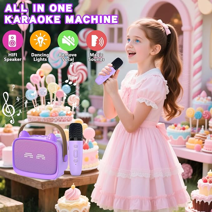 Mgaolo Upgraded Mini Karaoke Machine Toy for Kids, Portable Bluetooth Speaker with 2 Wireless Mics,