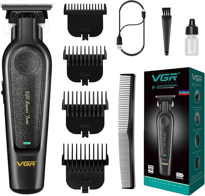VGR 995 Professional Hair Trimmer for Men, Zero Gapped Barber Edgers, Portable Cordless Mens Beard Trimmer Clipper with 4 Guide Combs, USB Rechargeable