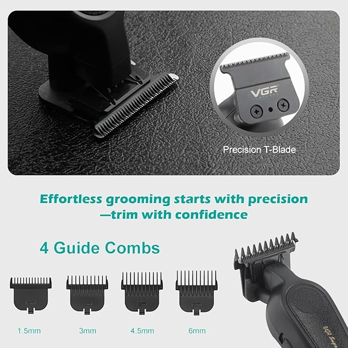 VGR 995 Professional Hair Trimmer for Men, Zero Gapped Barber Edgers, Portable Cordless Mens Beard Trimmer Clipper with 4 Guide Combs, USB Rechargeable